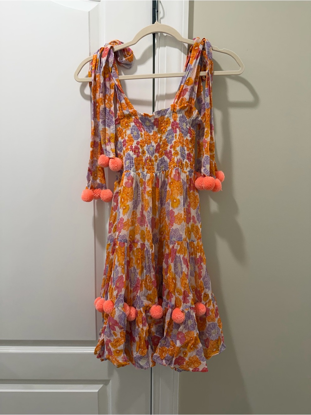 Girls' Floral Tie-Shoulder Dress with Pom Trim - Pink & Orange